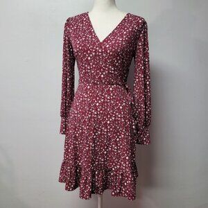 Kaileigh Dress Red Floral Soft Flowy Tie Waist Long Sleeve Tradwife V Neck Small